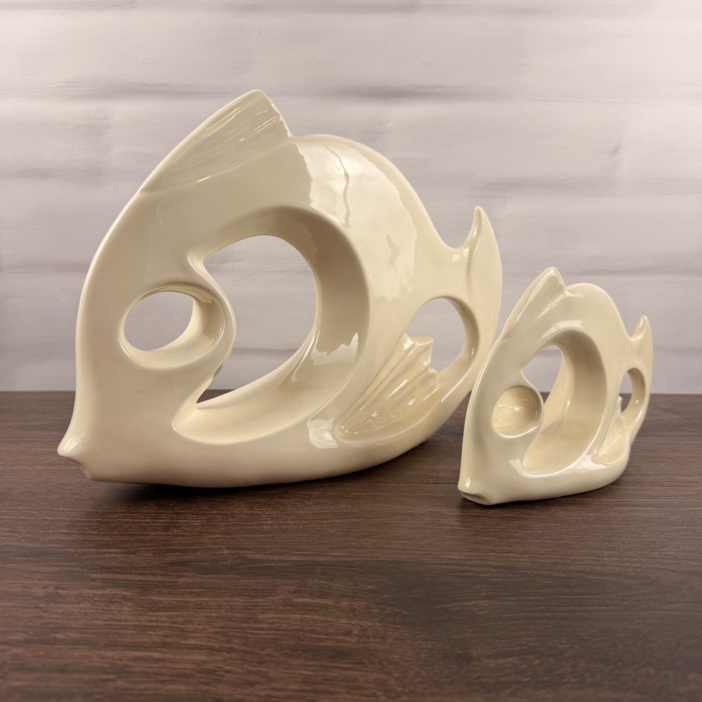 Vintage MCM Ceramic Fish Sculptures Set of 2 Cream White Modernist Decor